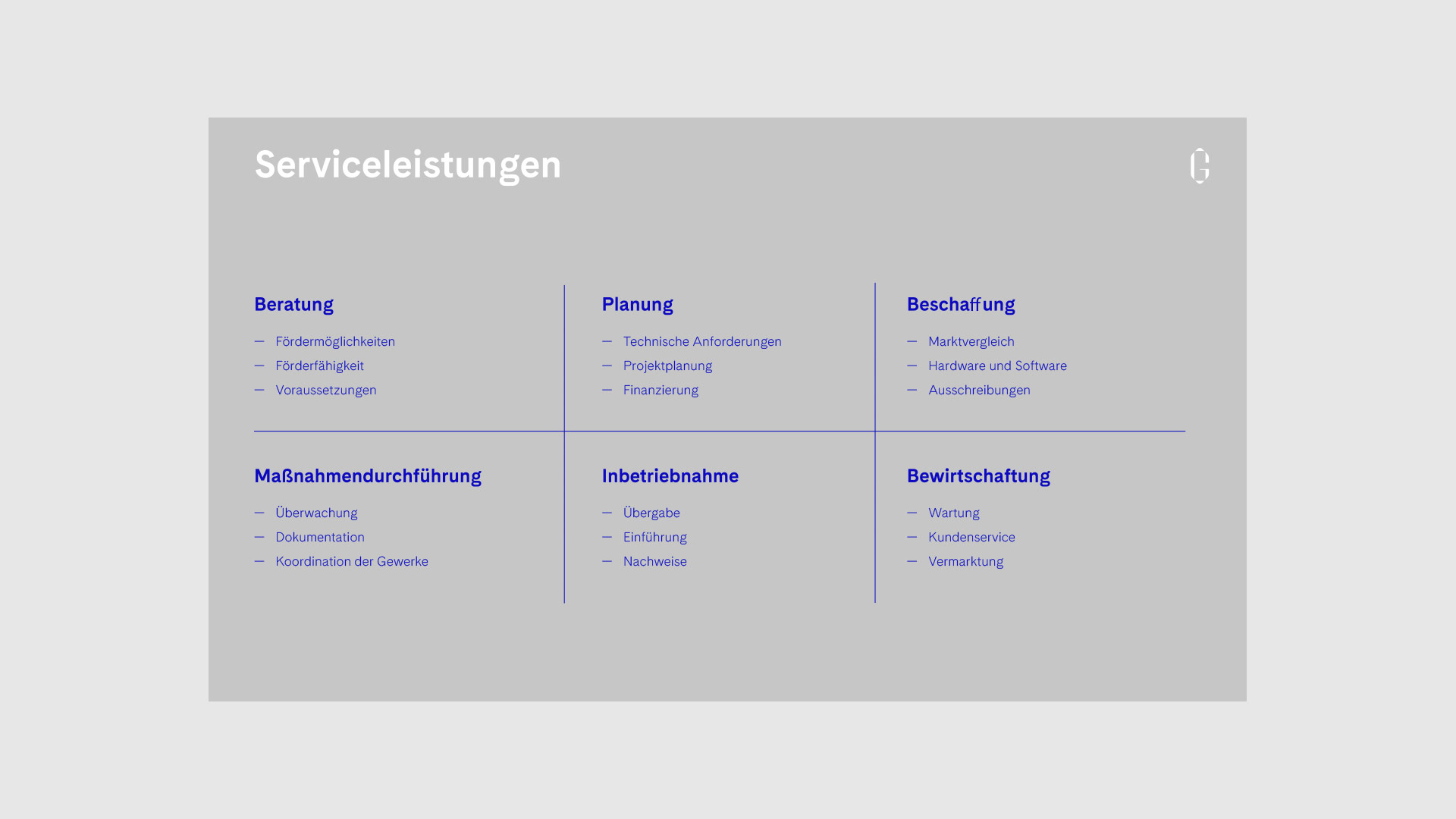 Präsentationsfolie ‚Serviceleistungen‘ von Gebhardt Ingenieure zum Thema E-Mobilität