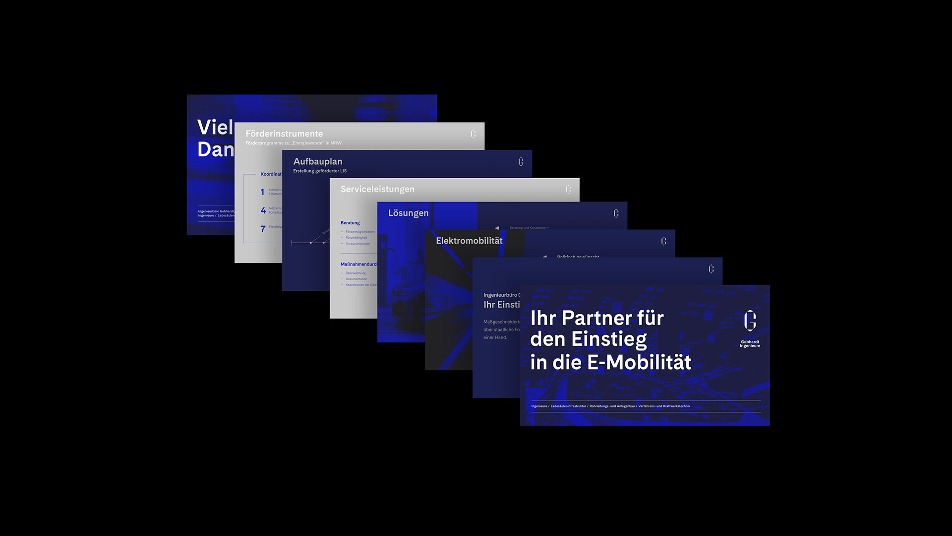 Übersicht einer Präsentation zum Thema E-Mobilität im Corporate Design von Gebhardt Ingenieure