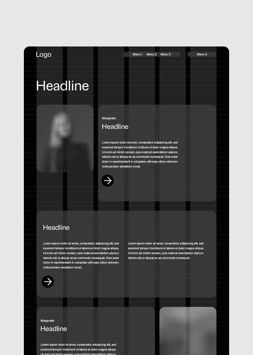 Modular aufgebautes Website-Layout mit Hilfslinien zur Strukturierung