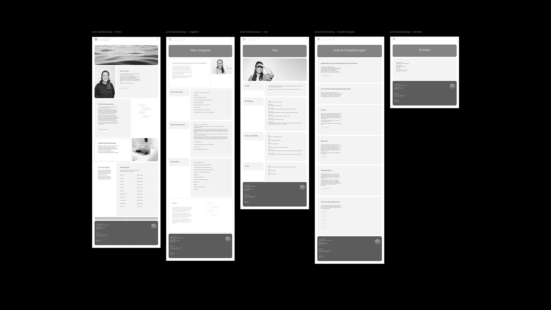 Übersicht der Seitenlayouts von Julia Haldenwangs Website