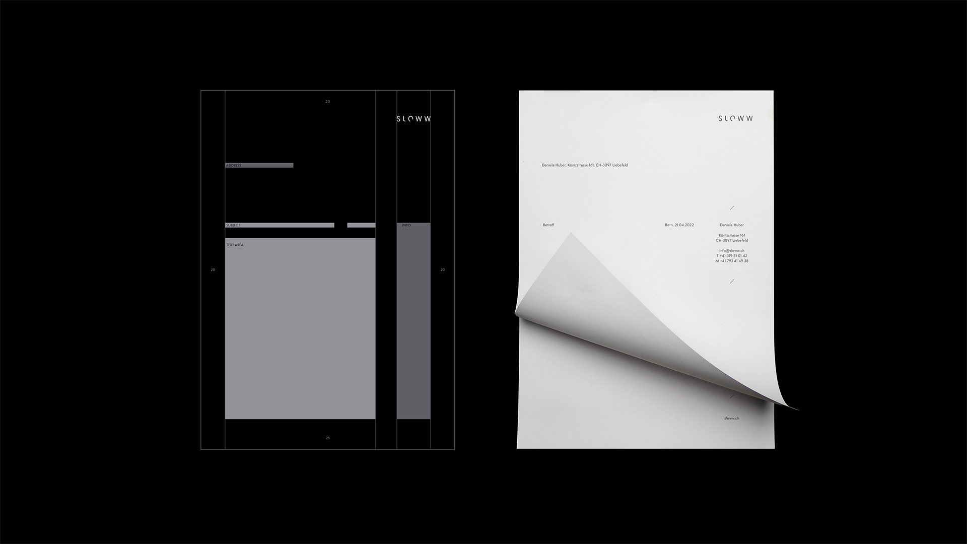 Corporate Design für die Modemarke Sloww: Gegenüberstellung des Layouts und des fertigen Briefpapiers.