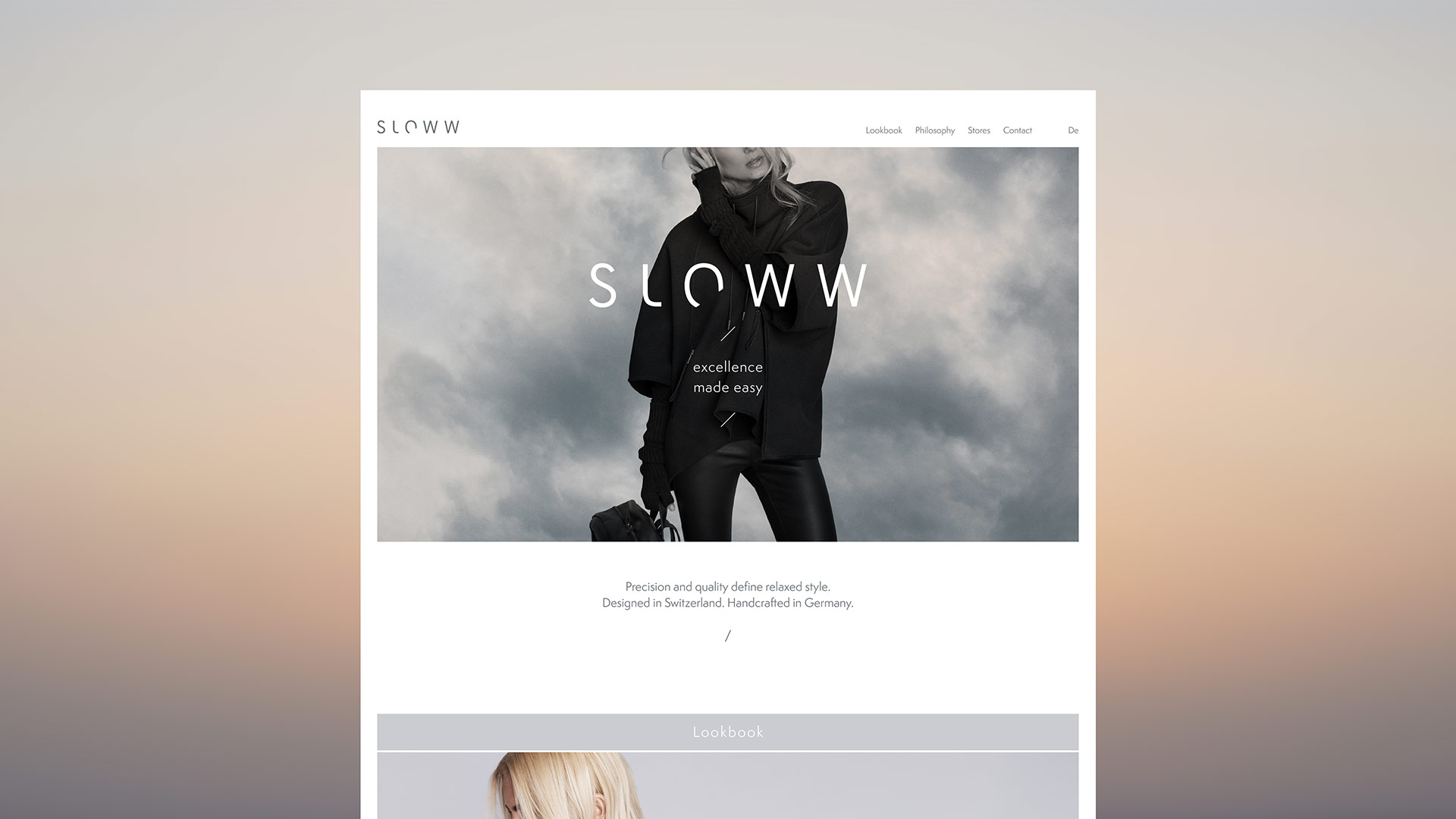 Hero-Bereich der Website des Fashion Labels Sloww mit großflächigem visuellen Einstieg
